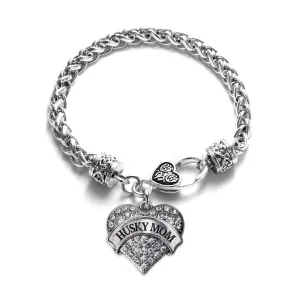 Silver Husky Mom Pave Heart Charm Braided Bracelet