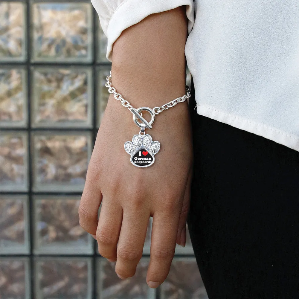 Silver I Love German Shephers Pave Paw Charm Toggle Bracelet