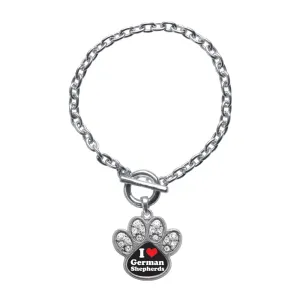 Silver I Love German Shephers Pave Paw Charm Toggle Bracelet
