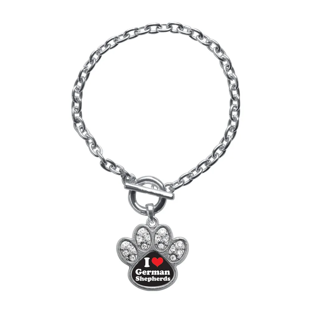 Silver I Love German Shephers Pave Paw Charm Toggle Bracelet