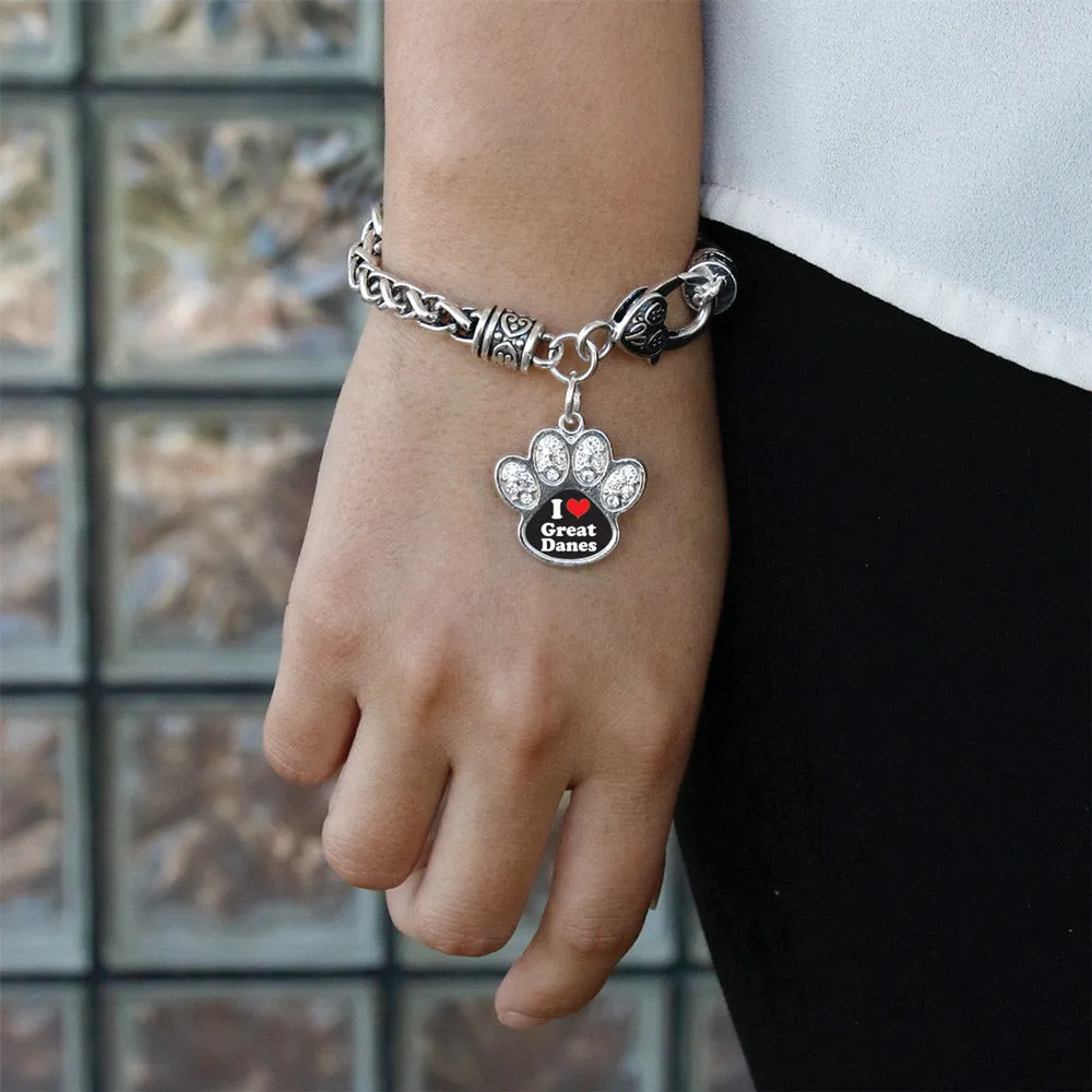 Silver I Love Great Danes Pave Paw Charm Braided Bracelet