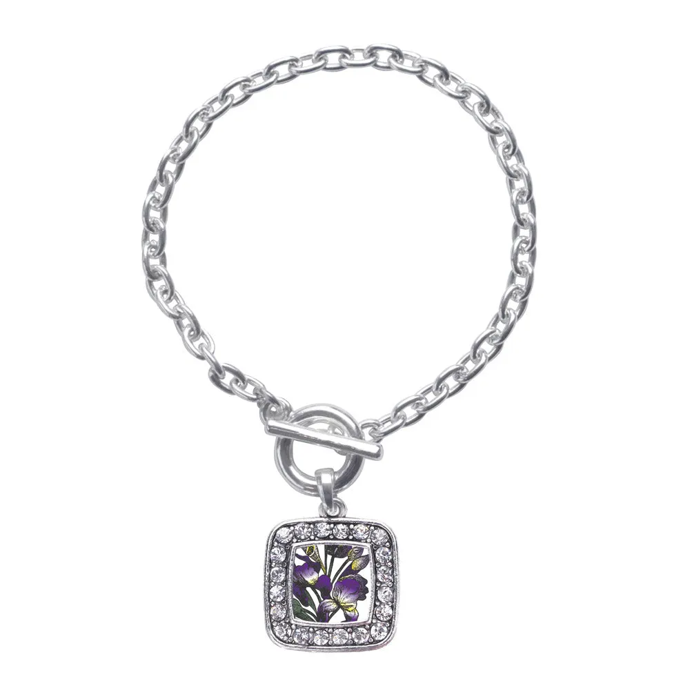 Silver Iris Flower Square Charm Toggle Bracelet
