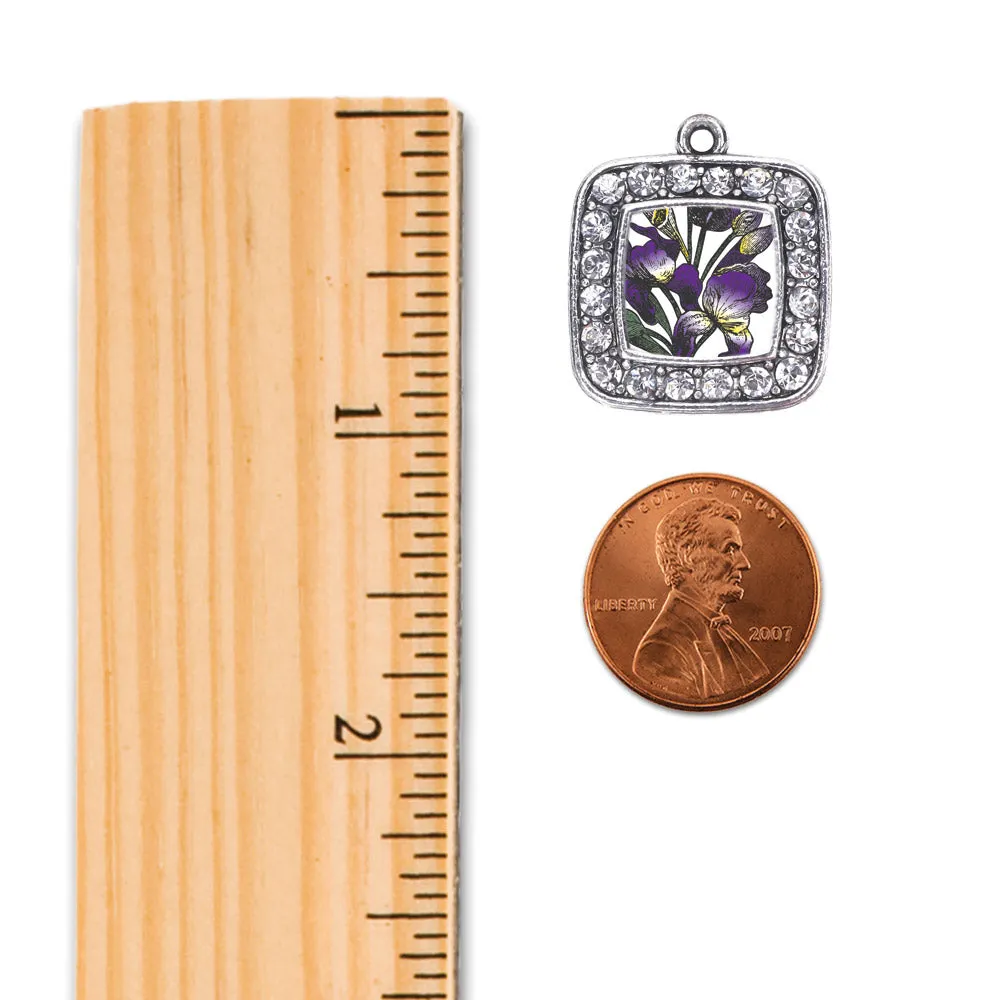 Silver Iris Flower Square Charm Toggle Bracelet