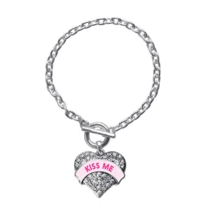 Silver Kiss Me Pink Candy Pave Heart Charm Toggle Bracelet