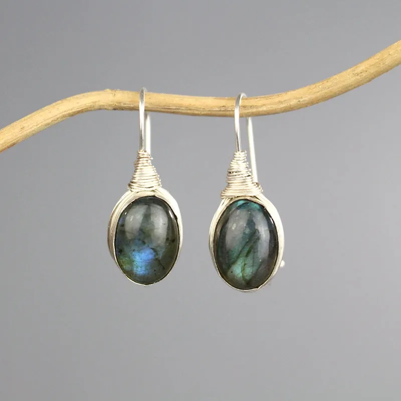 Silver Labradorite Wire Wrapped Earrings