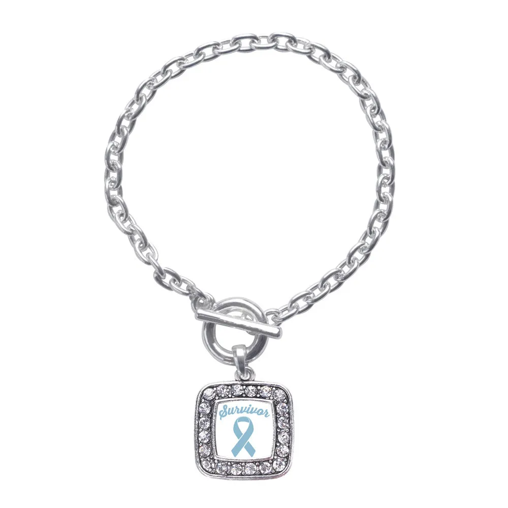 Silver Light Blue Ribbon Survivor Square Charm Toggle Bracelet