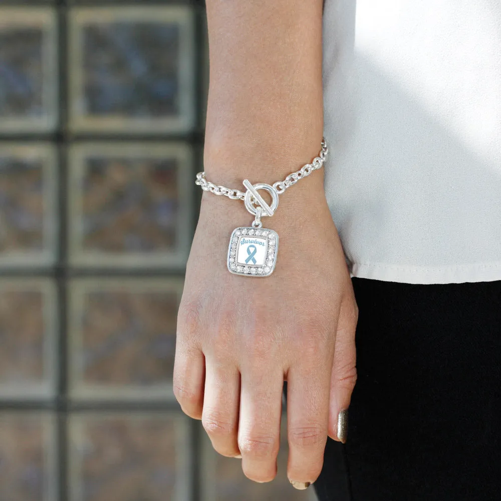 Silver Light Blue Ribbon Survivor Square Charm Toggle Bracelet