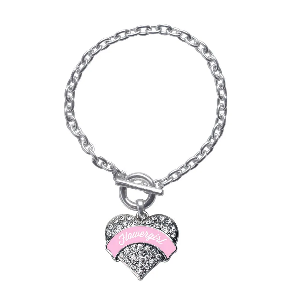 Silver Light Pink Flower Girl Pave Heart Charm Toggle Bracelet