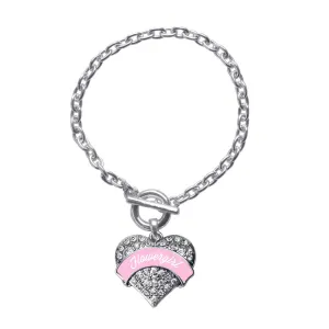 Silver Light Pink Flower Girl Pave Heart Charm Toggle Bracelet