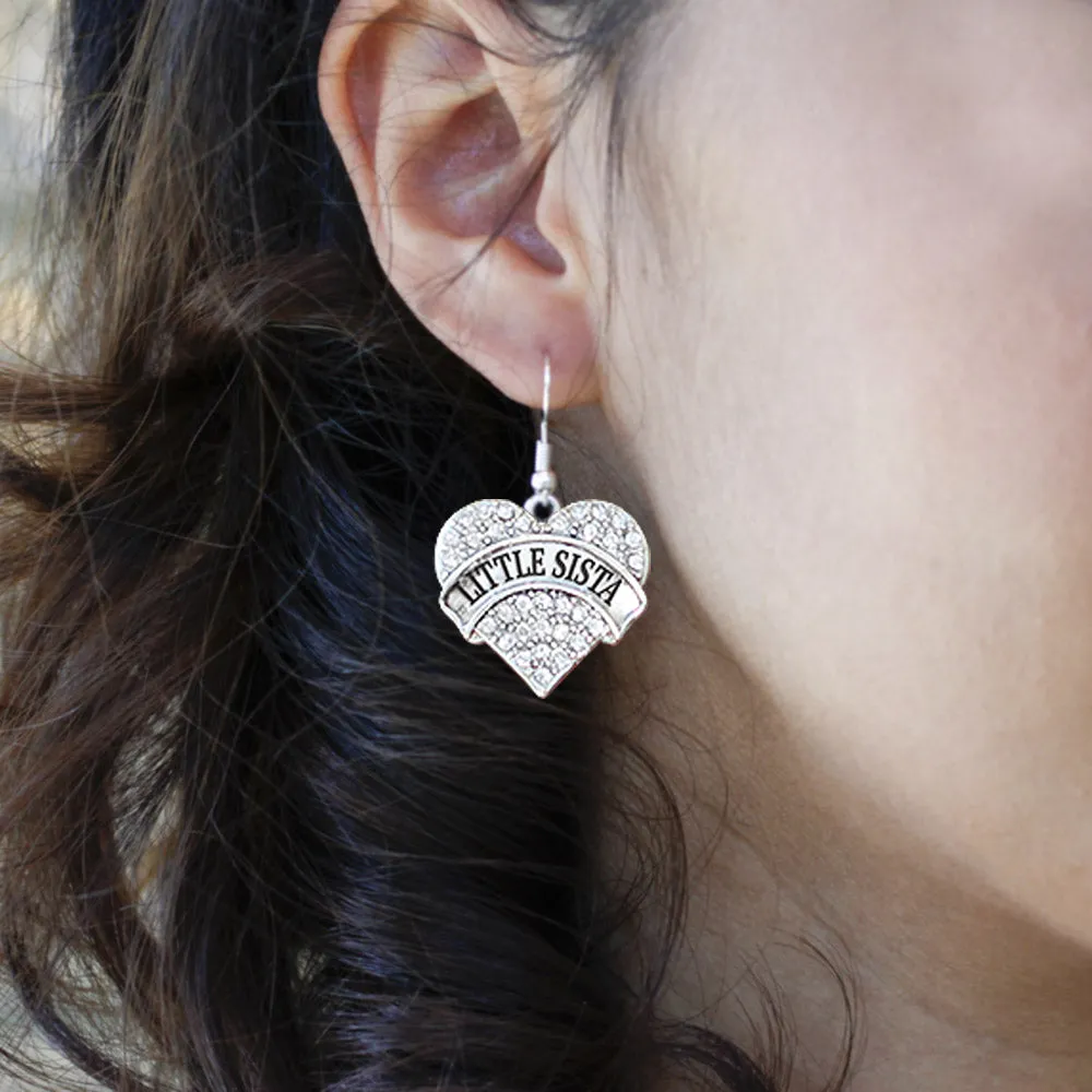 Silver Little Sista Pave Heart Charm Dangle Earrings