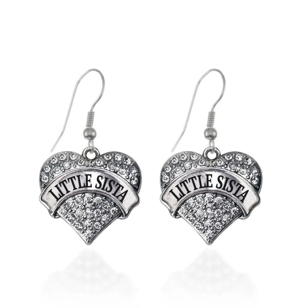 Silver Little Sista Pave Heart Charm Dangle Earrings