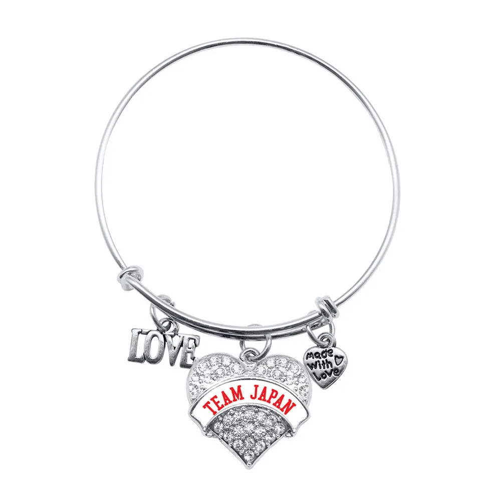 Silver Love Team Japan Pave Heart Charm Wire Bangle Bracelet