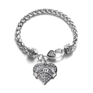 Silver Mom in Law Pave Heart Charm Braided Bracelet
