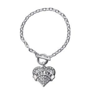 Silver Mother Pave Heart Charm Toggle Bracelet