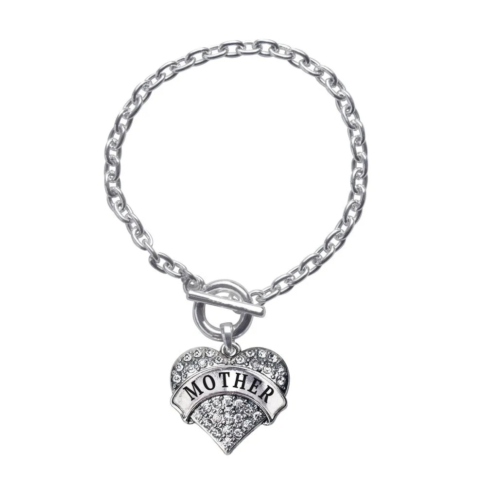 Silver Mother Pave Heart Charm Toggle Bracelet