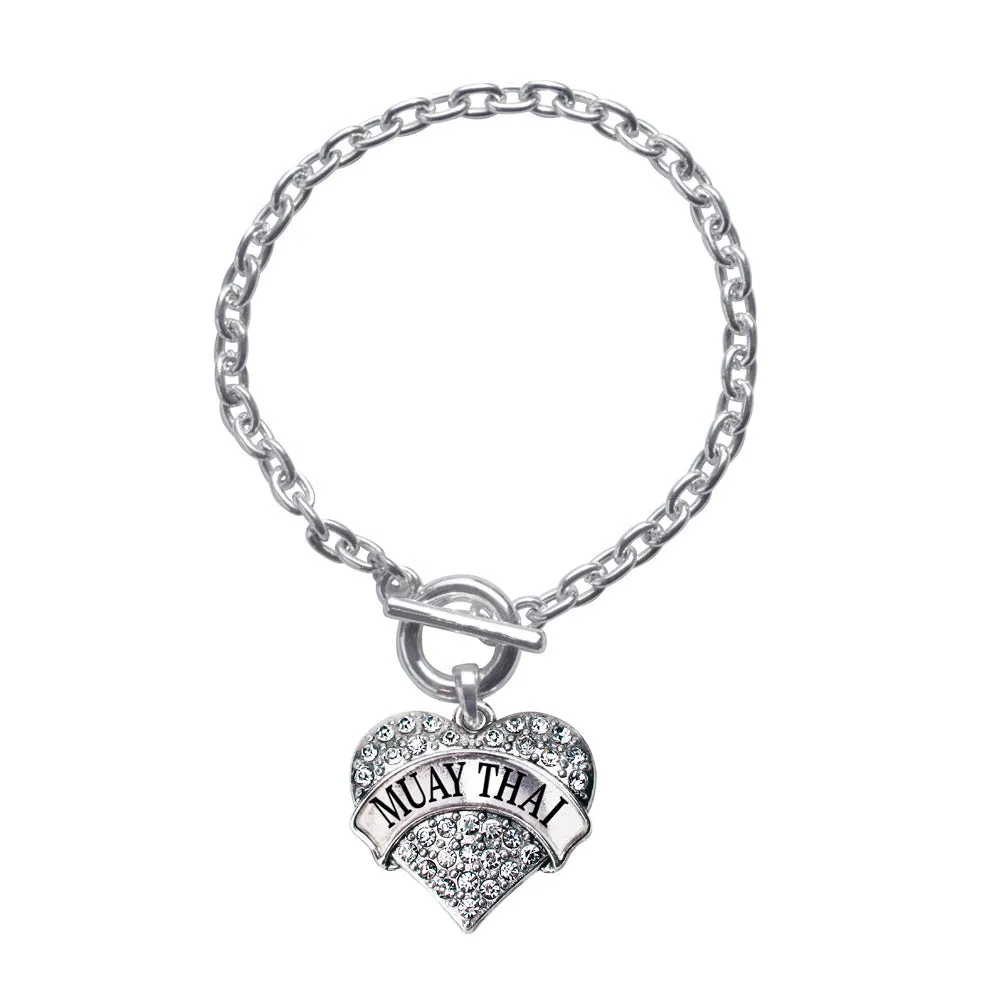 Silver Muay Thai Pave Heart Charm Toggle Bracelet