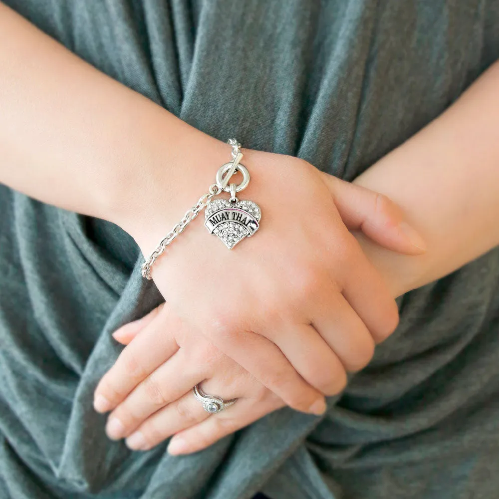 Silver Muay Thai Pave Heart Charm Toggle Bracelet