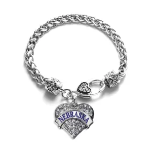 Silver Nebraska Pave Heart Charm Braided Bracelet