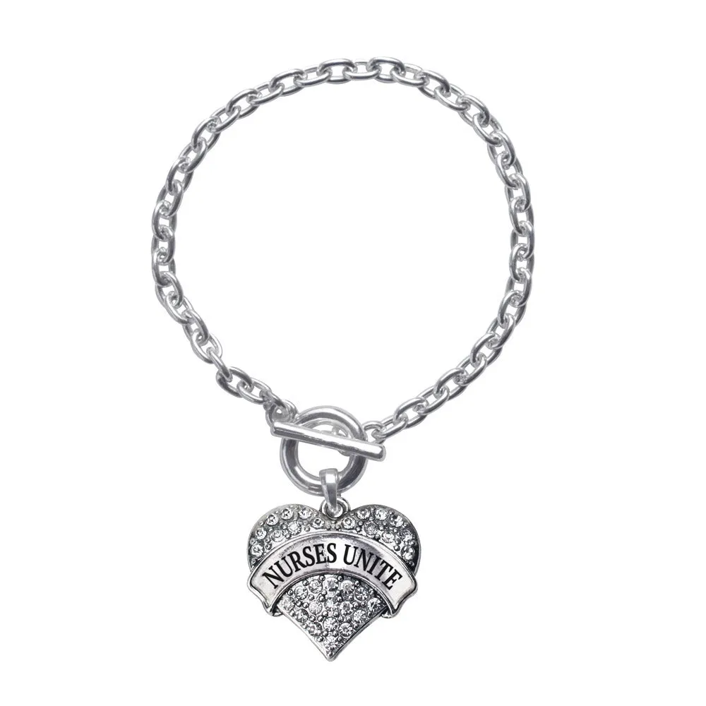 Silver Nurses Unite Pave Heart Charm Toggle Bracelet