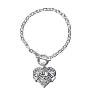 Silver Nurses Unite Pave Heart Charm Toggle Bracelet