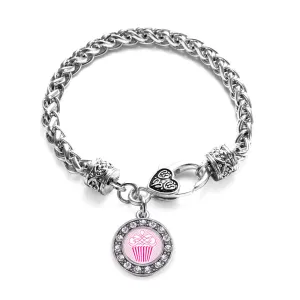 Silver Pink Chevron Cupcake Circle Charm Braided Bracelet