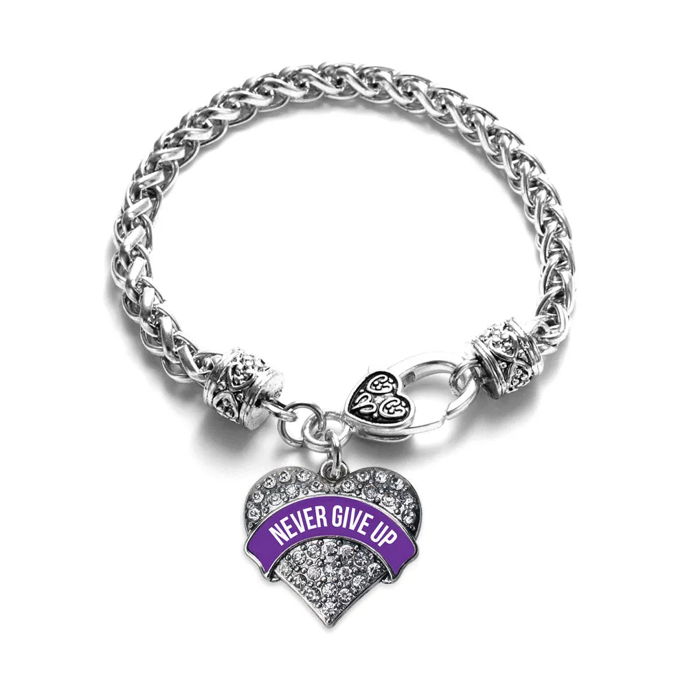 Silver Purple Banner Never Give Up Pave Heart Charm Braided Bracelet