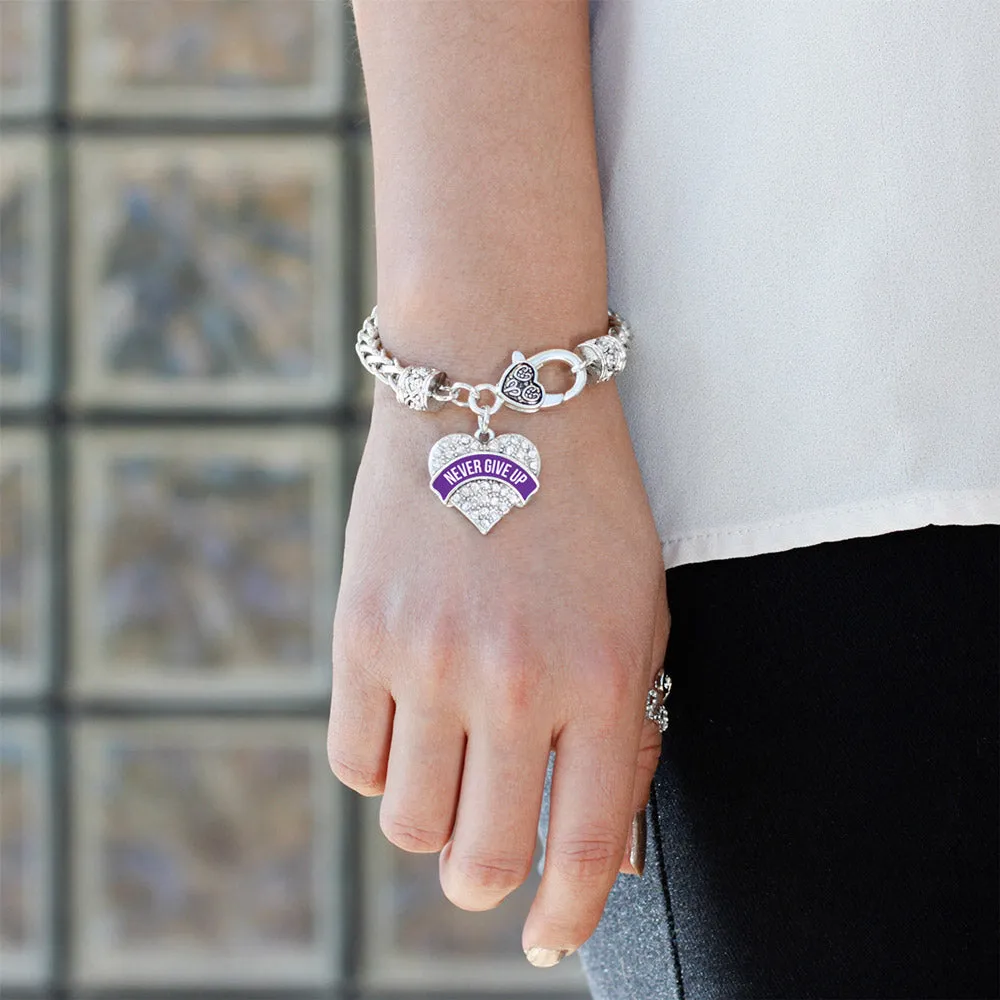 Silver Purple Banner Never Give Up Pave Heart Charm Braided Bracelet