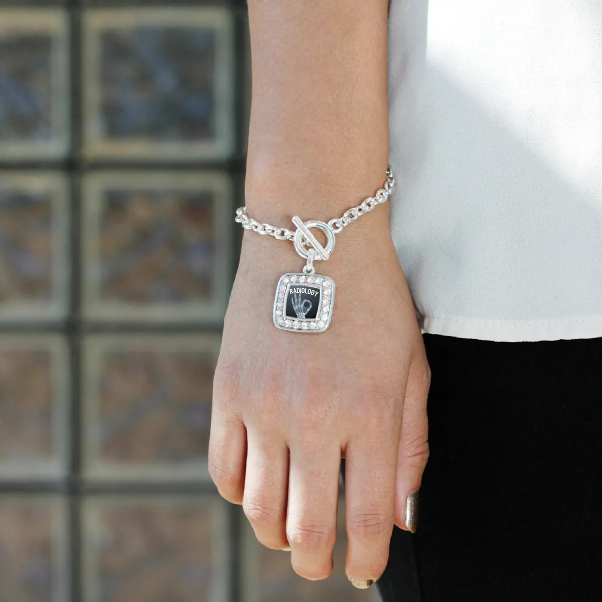 Silver Radiology Square Charm Toggle Bracelet
