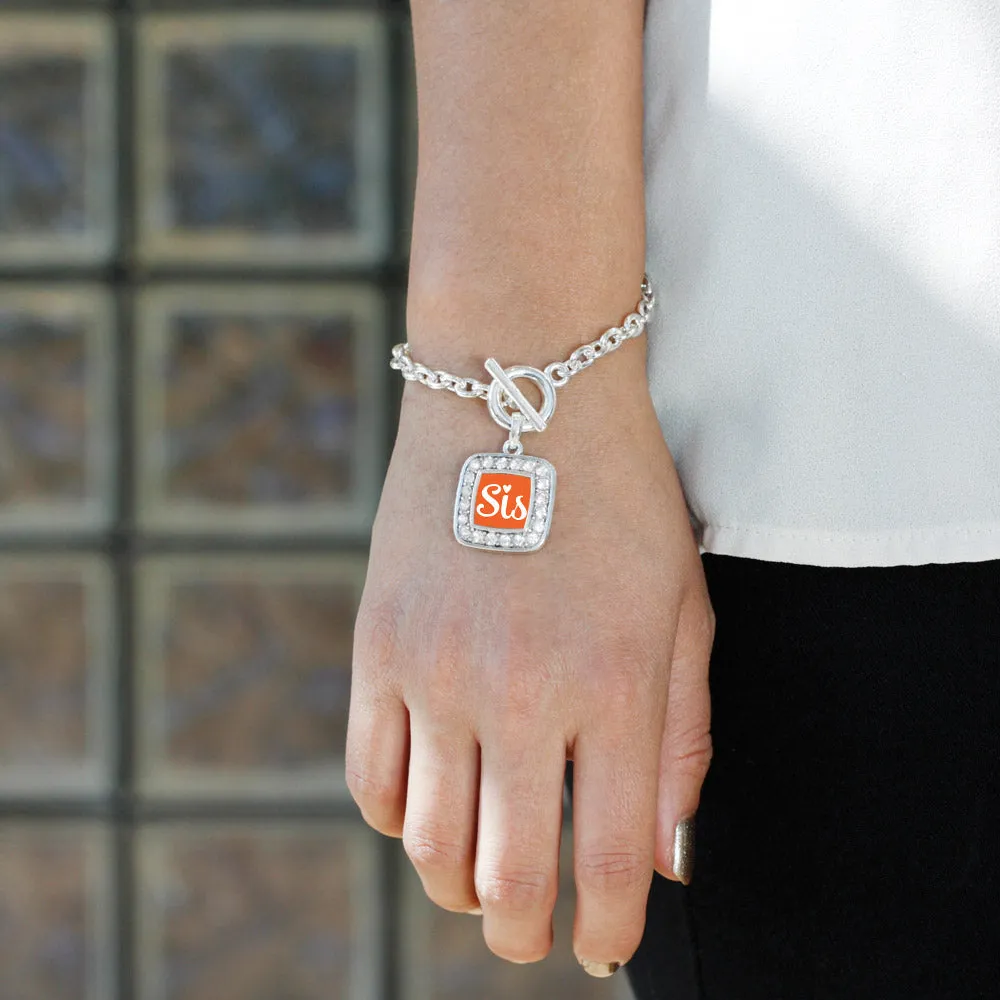Silver Sis Orange Script Square Charm Toggle Bracelet