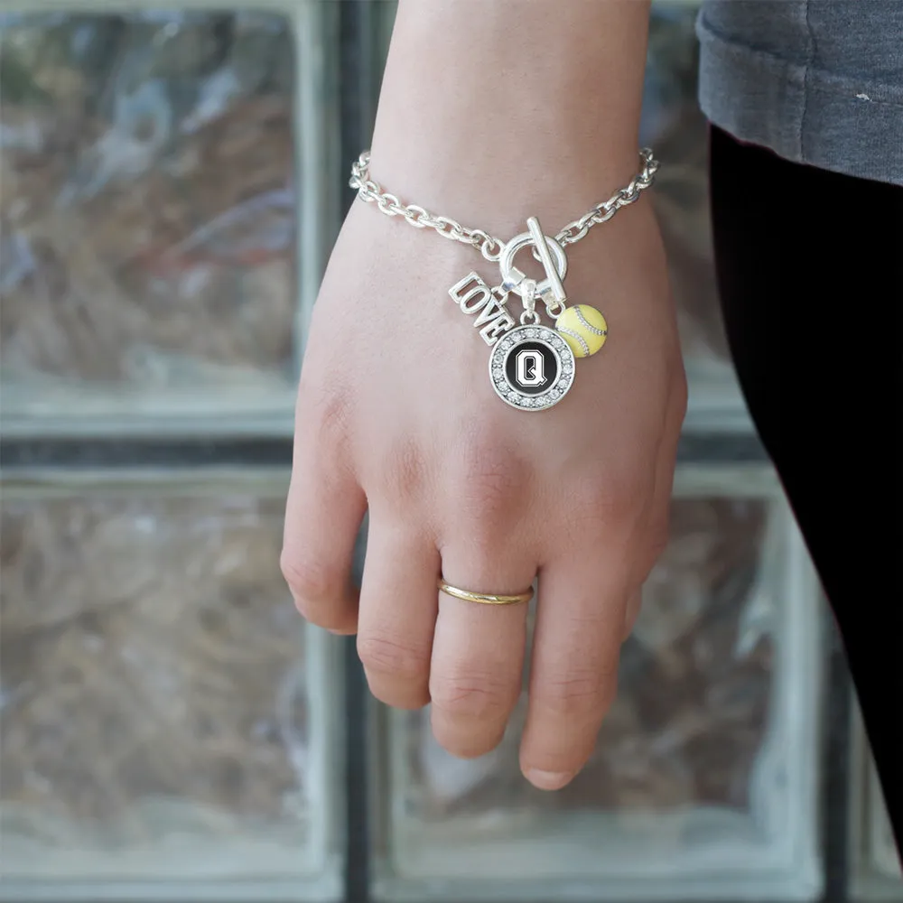 Silver Softball - Sports Initial Q Circle Charm Toggle Bracelet