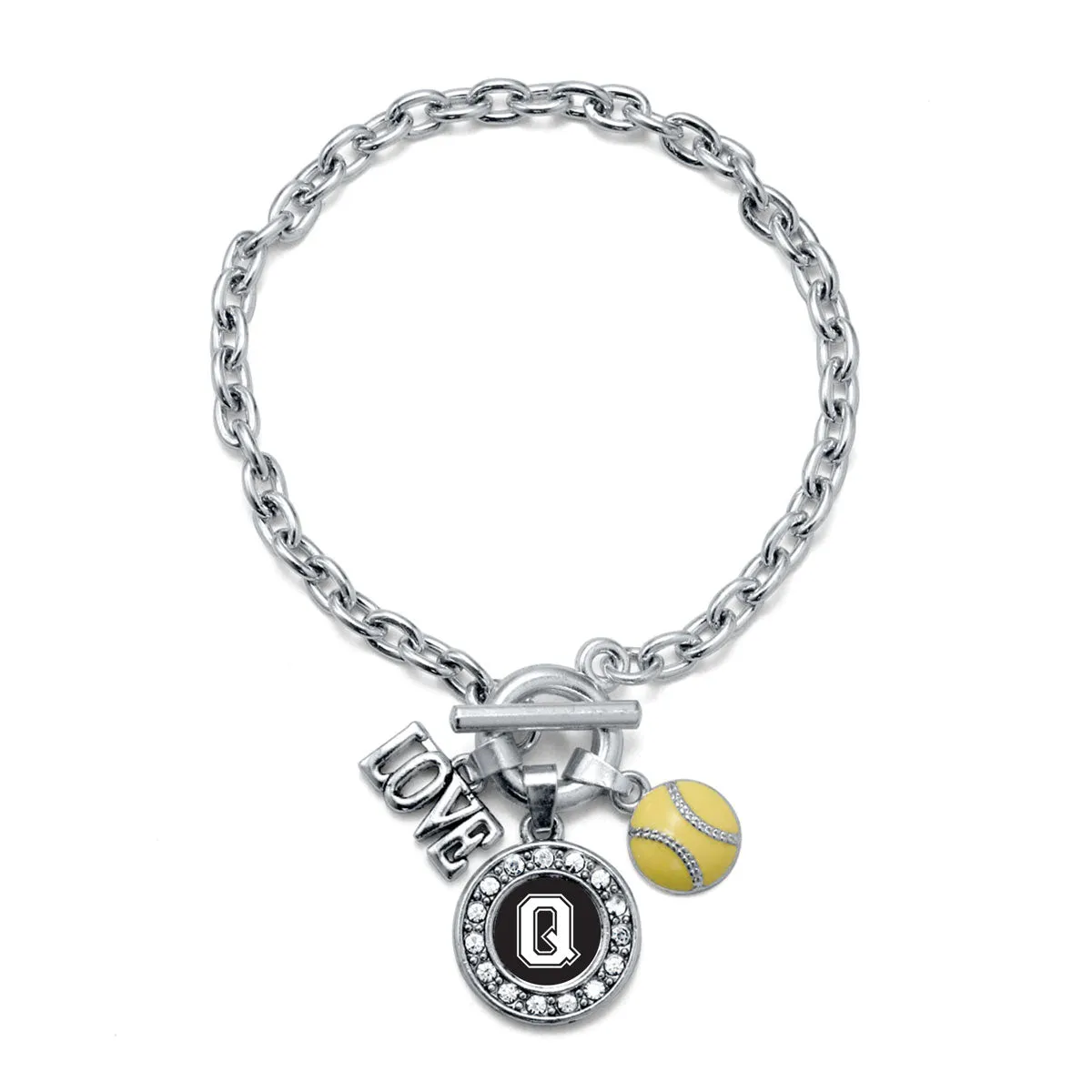 Silver Softball - Sports Initial Q Circle Charm Toggle Bracelet