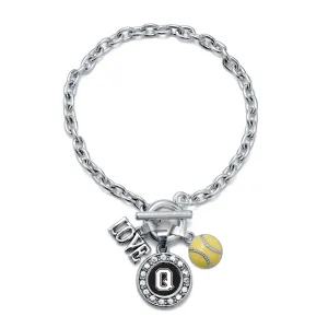 Silver Softball - Sports Initial Q Circle Charm Toggle Bracelet