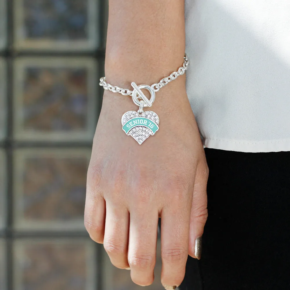 Silver Teal Senior 2016 Pave Heart Charm Toggle Bracelet