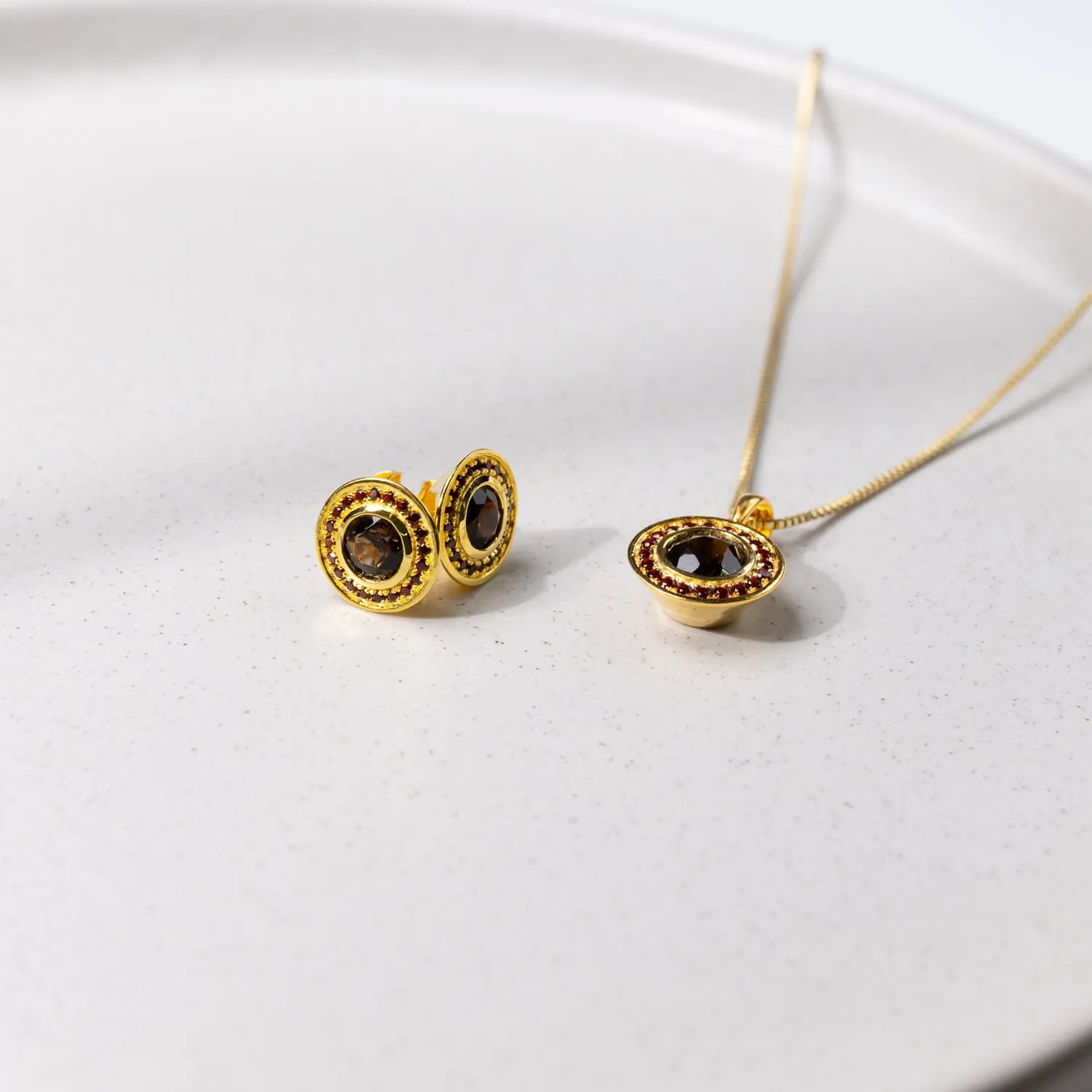 Smoky Quartz & Garnet Pendant in Yellow Gold Vermeil