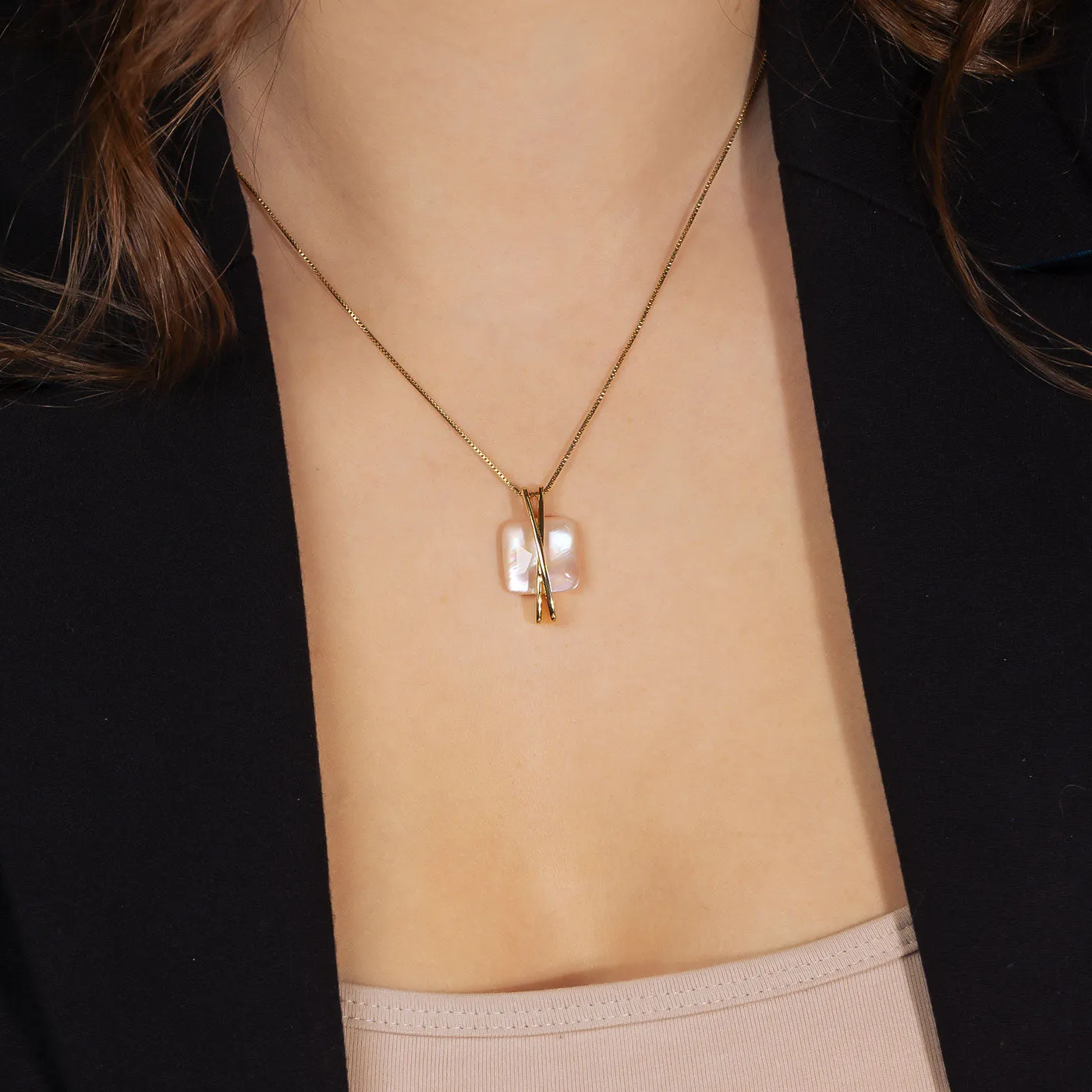 Square Pink Mother of Pearl Crossover Pendant