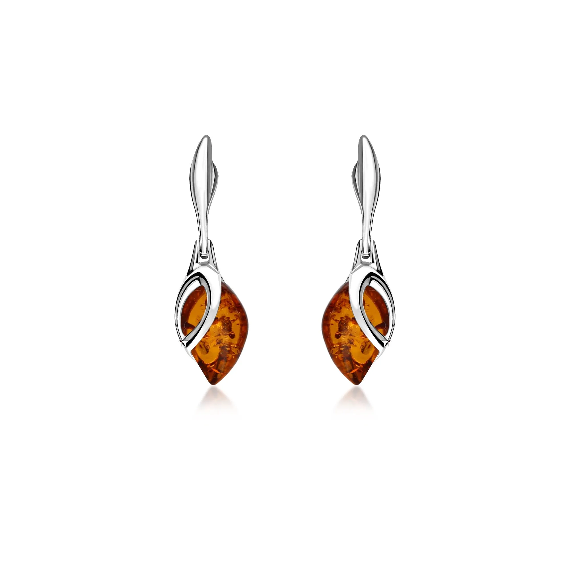 Sterling Silver Amber Teardrop Leaf Drop Earrings