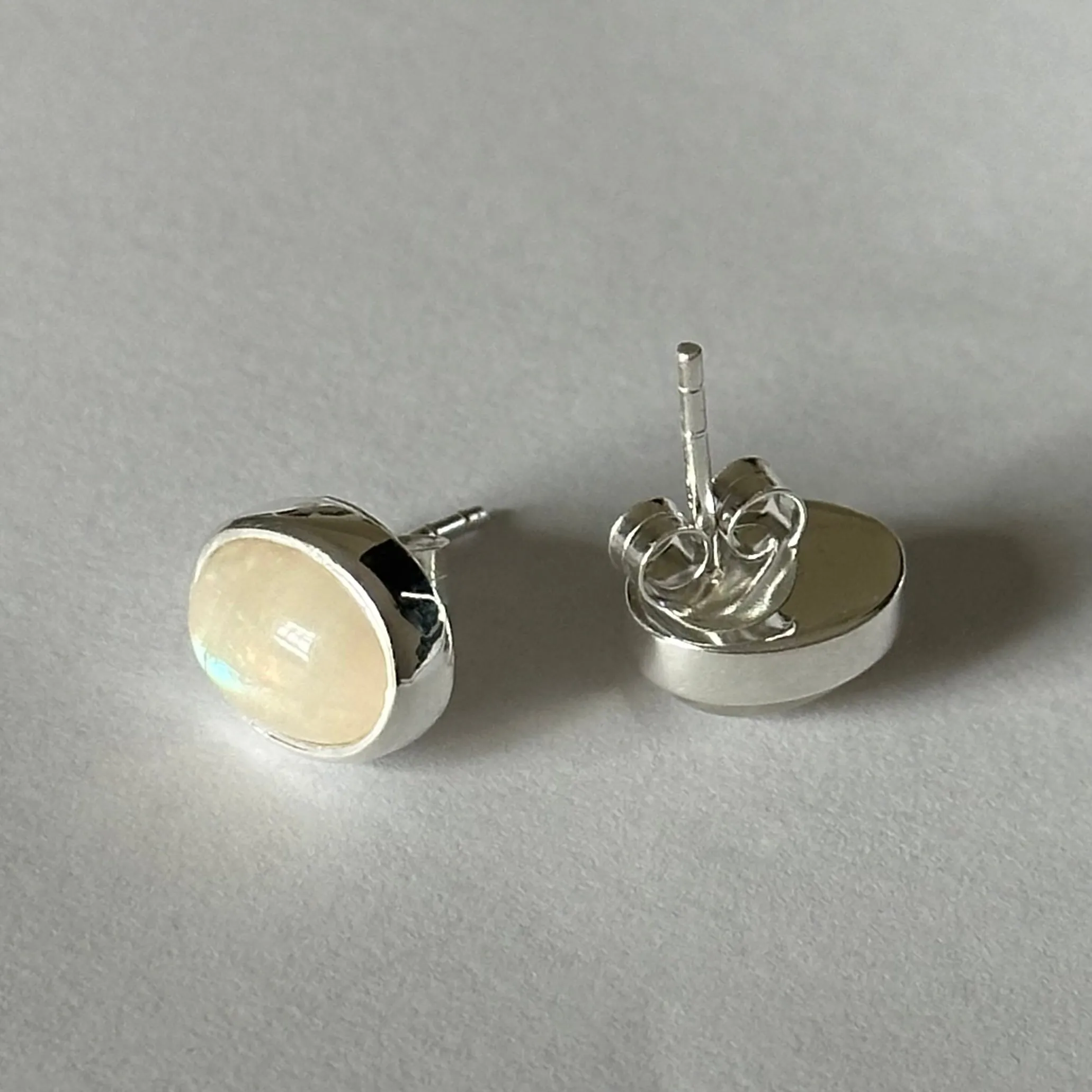 Sterling Silver Oval Stud Earrings with Cabochon Cut Moonstone Gemstone
