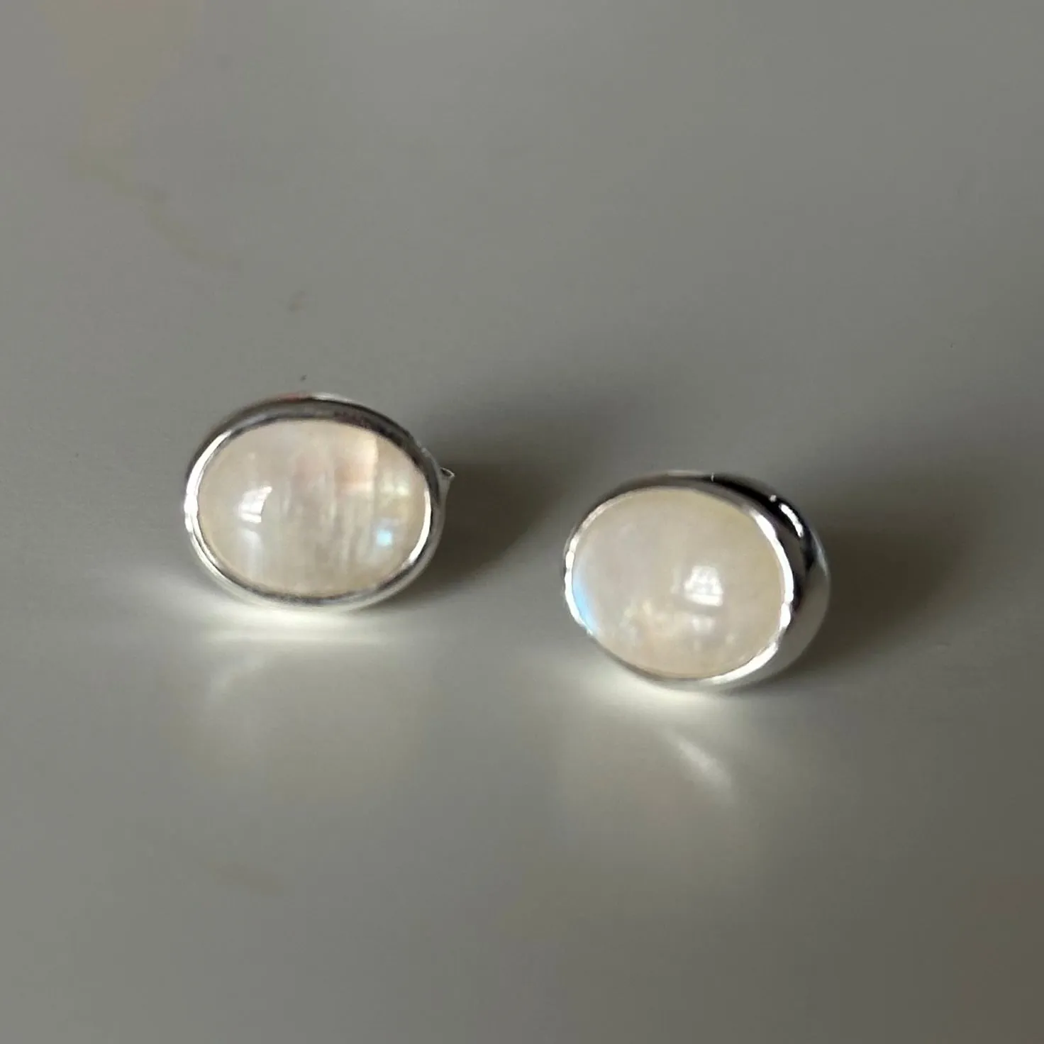 Sterling Silver Oval Stud Earrings with Cabochon Cut Moonstone Gemstone