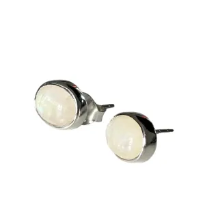 Sterling Silver Oval Stud Earrings with Cabochon Cut Moonstone Gemstone
