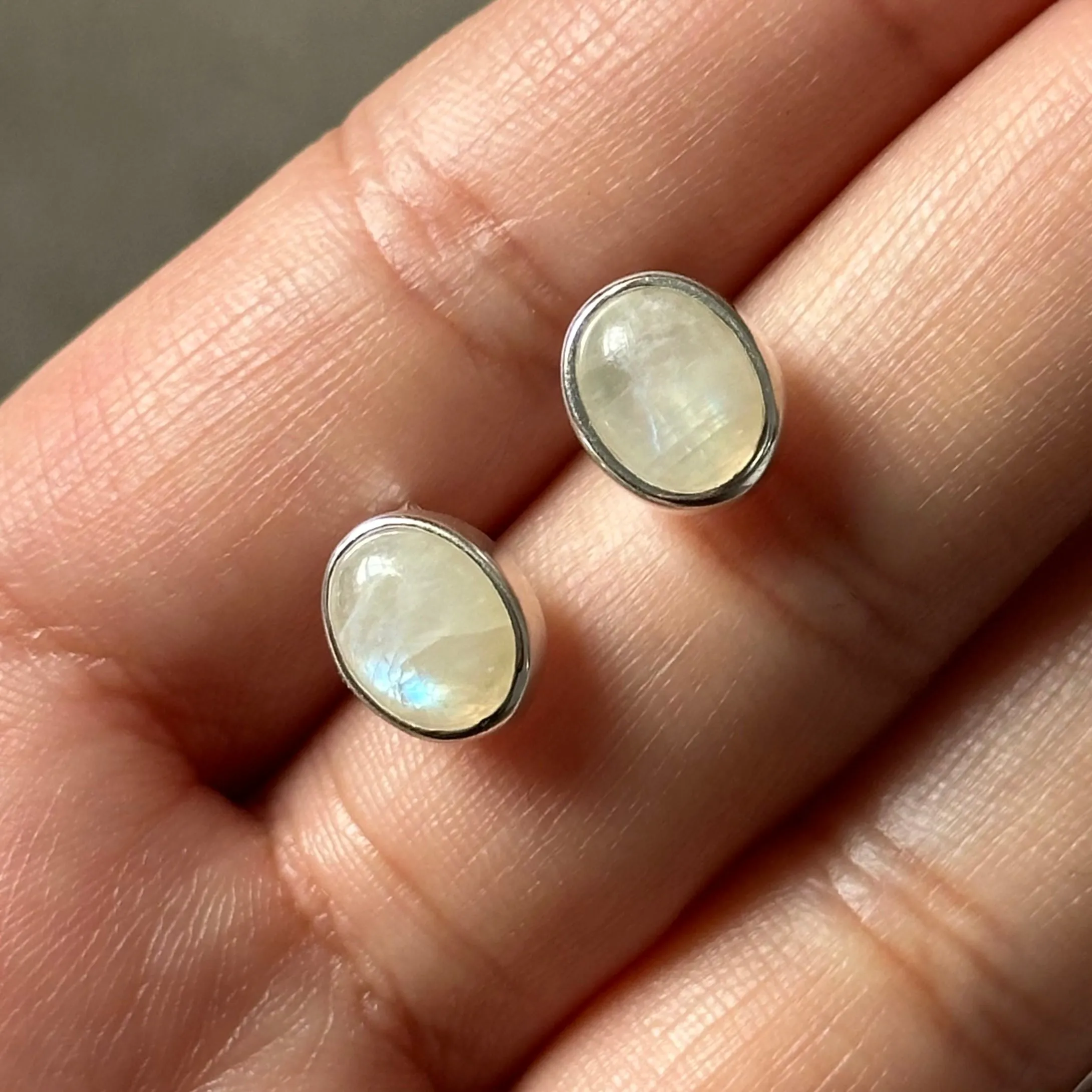Sterling Silver Oval Stud Earrings with Cabochon Cut Moonstone Gemstone