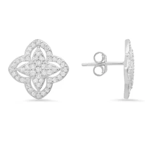 Sterling Silver Pave CZ Floral Stud Earrings