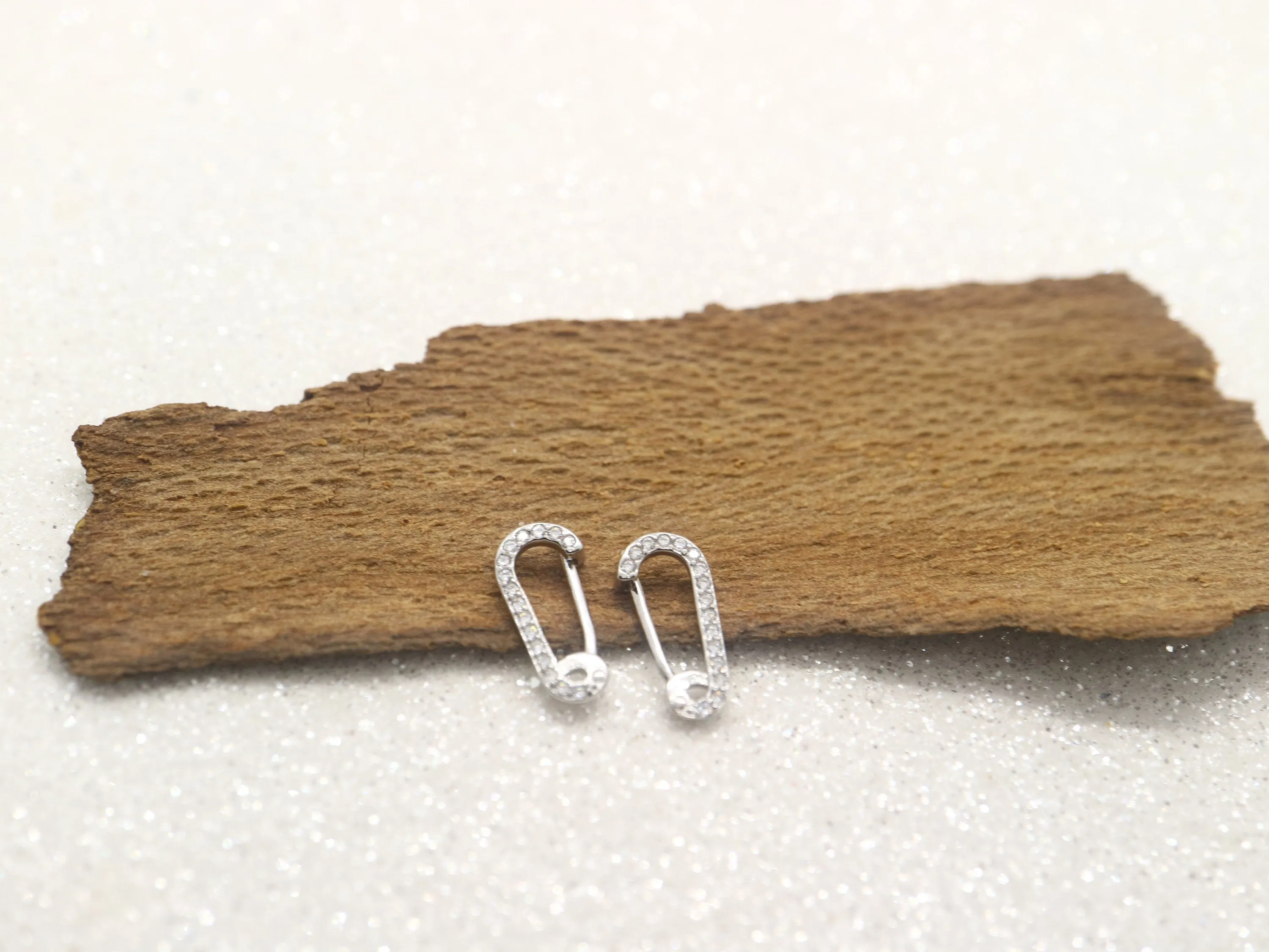 Sterling silver safe pin earring, white gold plated earring