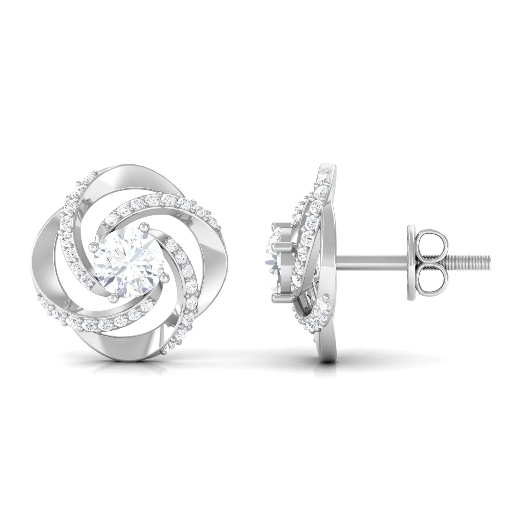 Swirl Stud Earrings Round Shape Moissanite in Prong Setting