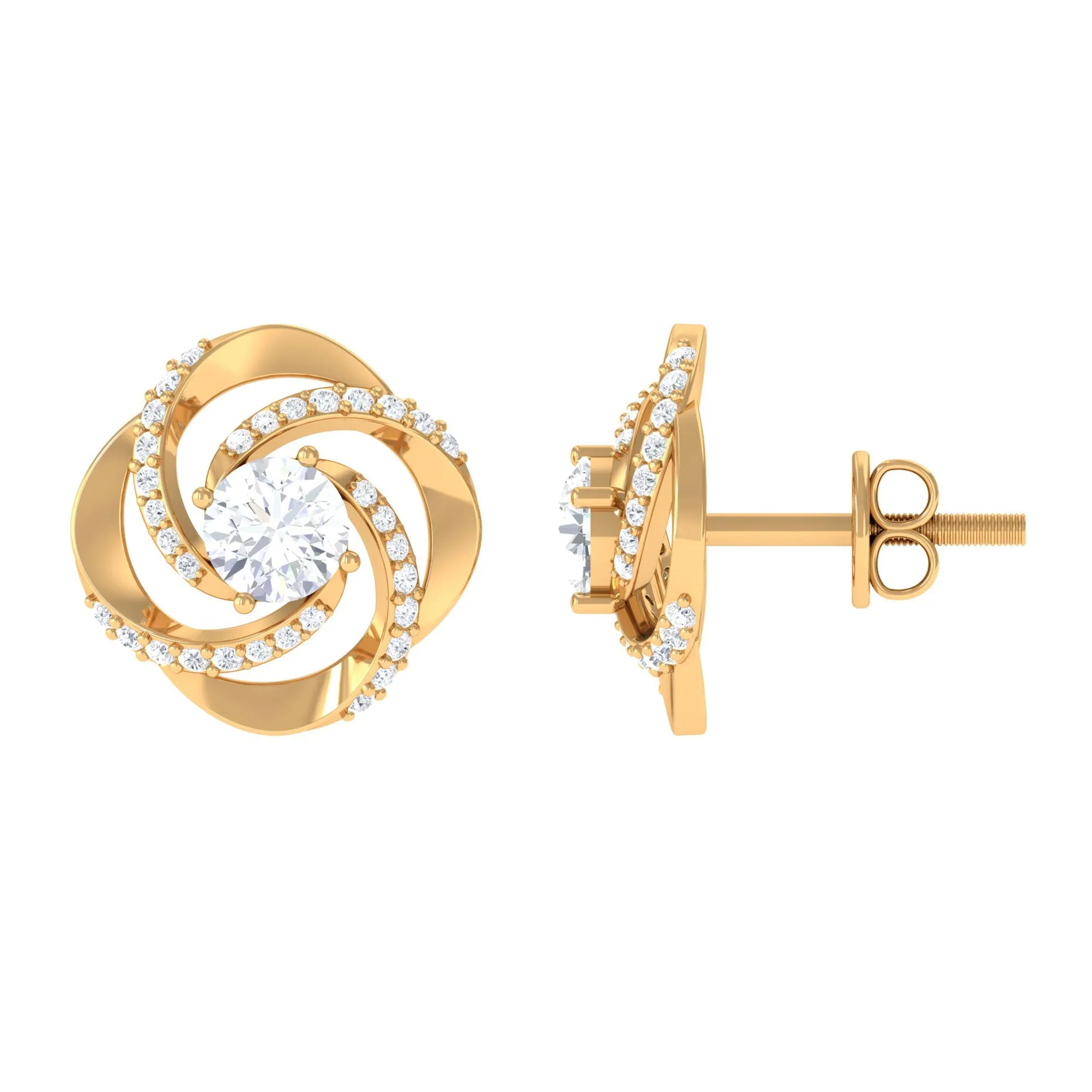 Swirl Stud Earrings Round Shape Moissanite in Prong Setting