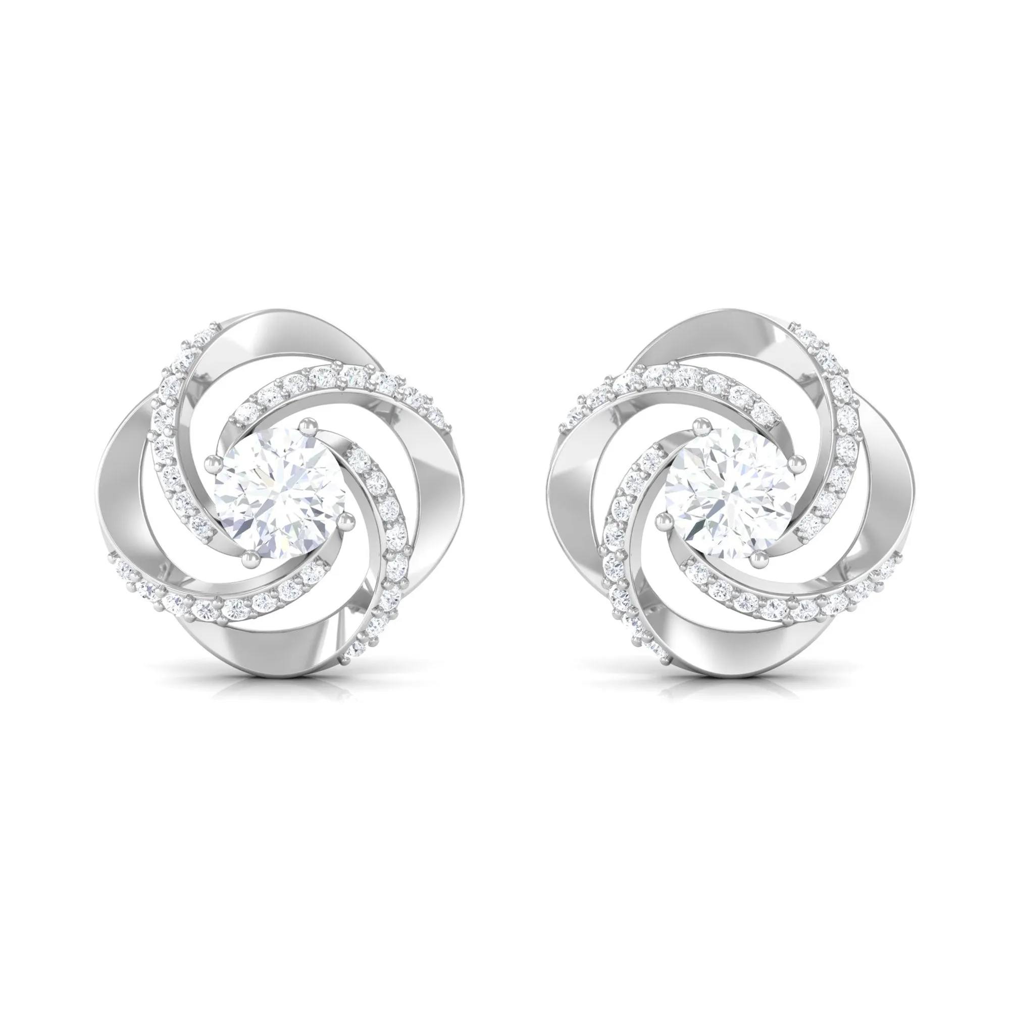 Swirl Stud Earrings Round Shape Moissanite in Prong Setting