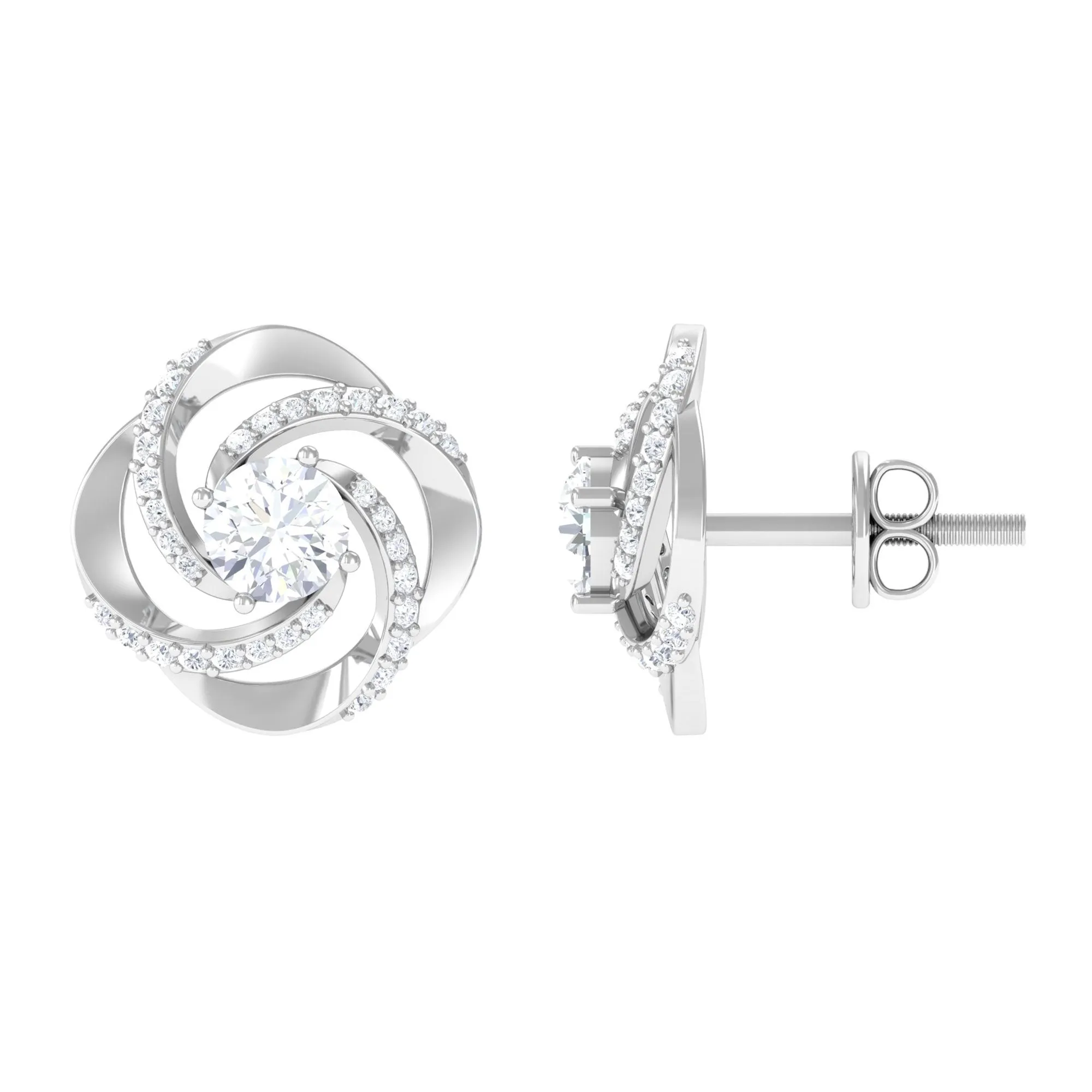 Swirl Stud Earrings Round Shape Moissanite in Prong Setting