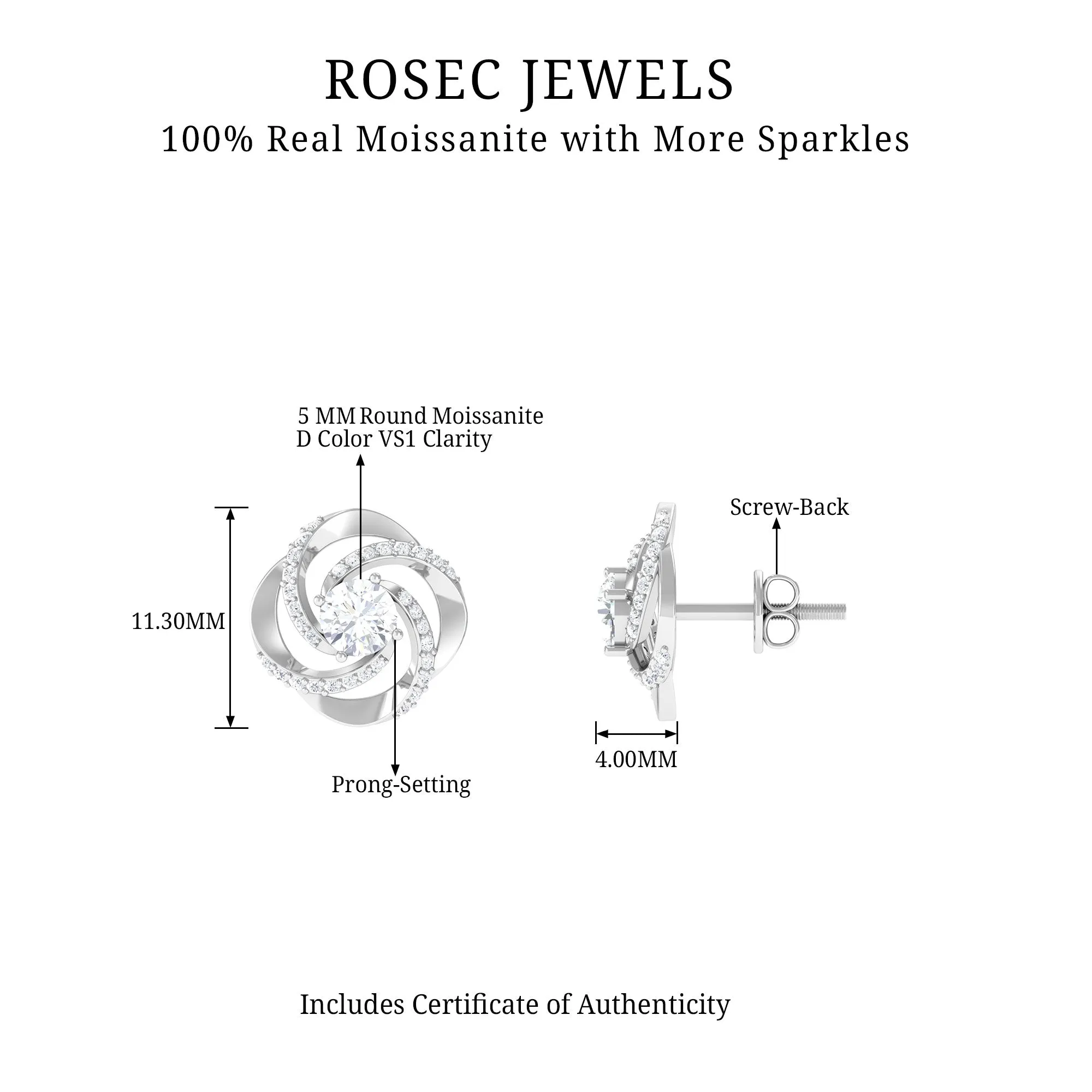 Swirl Stud Earrings Round Shape Moissanite in Prong Setting