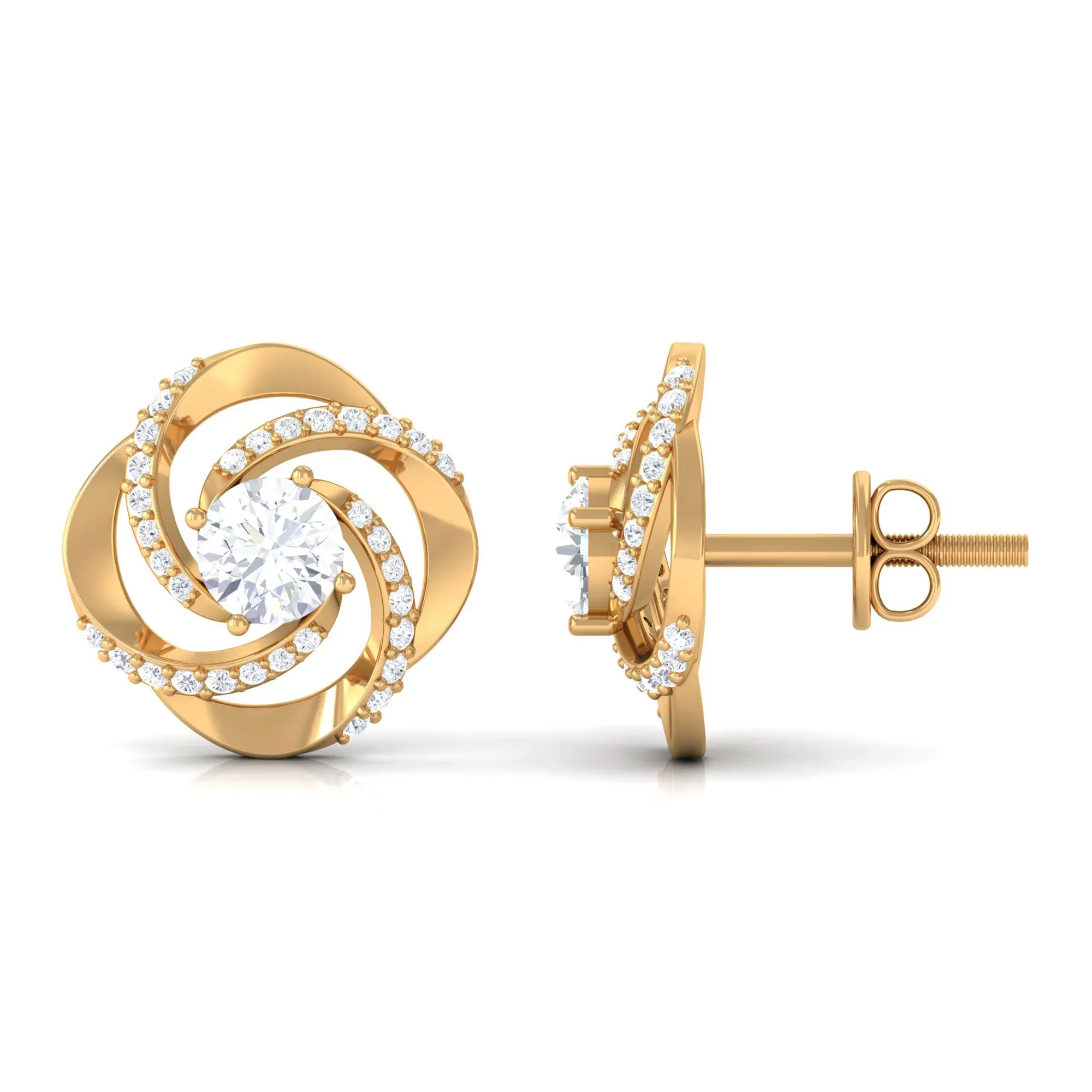 Swirl Stud Earrings Round Shape Moissanite in Prong Setting