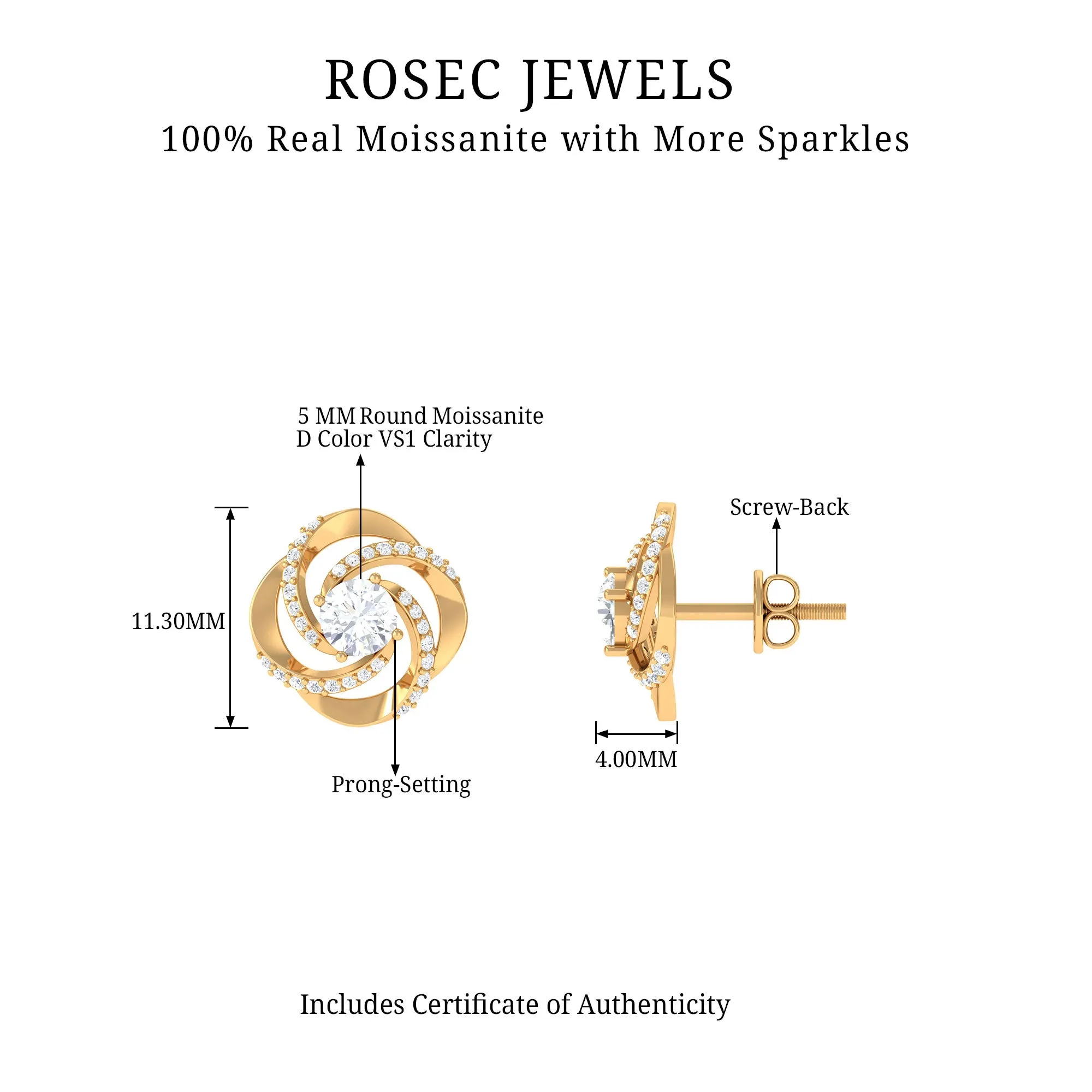Swirl Stud Earrings Round Shape Moissanite in Prong Setting