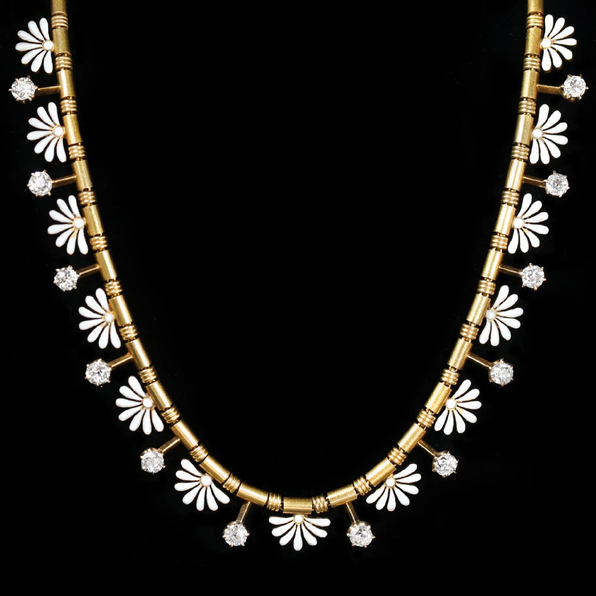 Victorian 1.80 CTW Old Mine Cut Diamond and White Enamel Necklace
